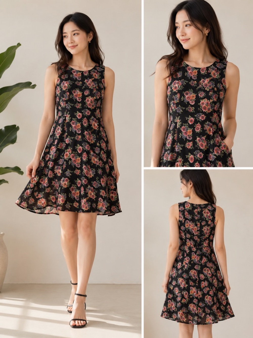 Vintage Black Mini Dress with Pink Floral Print